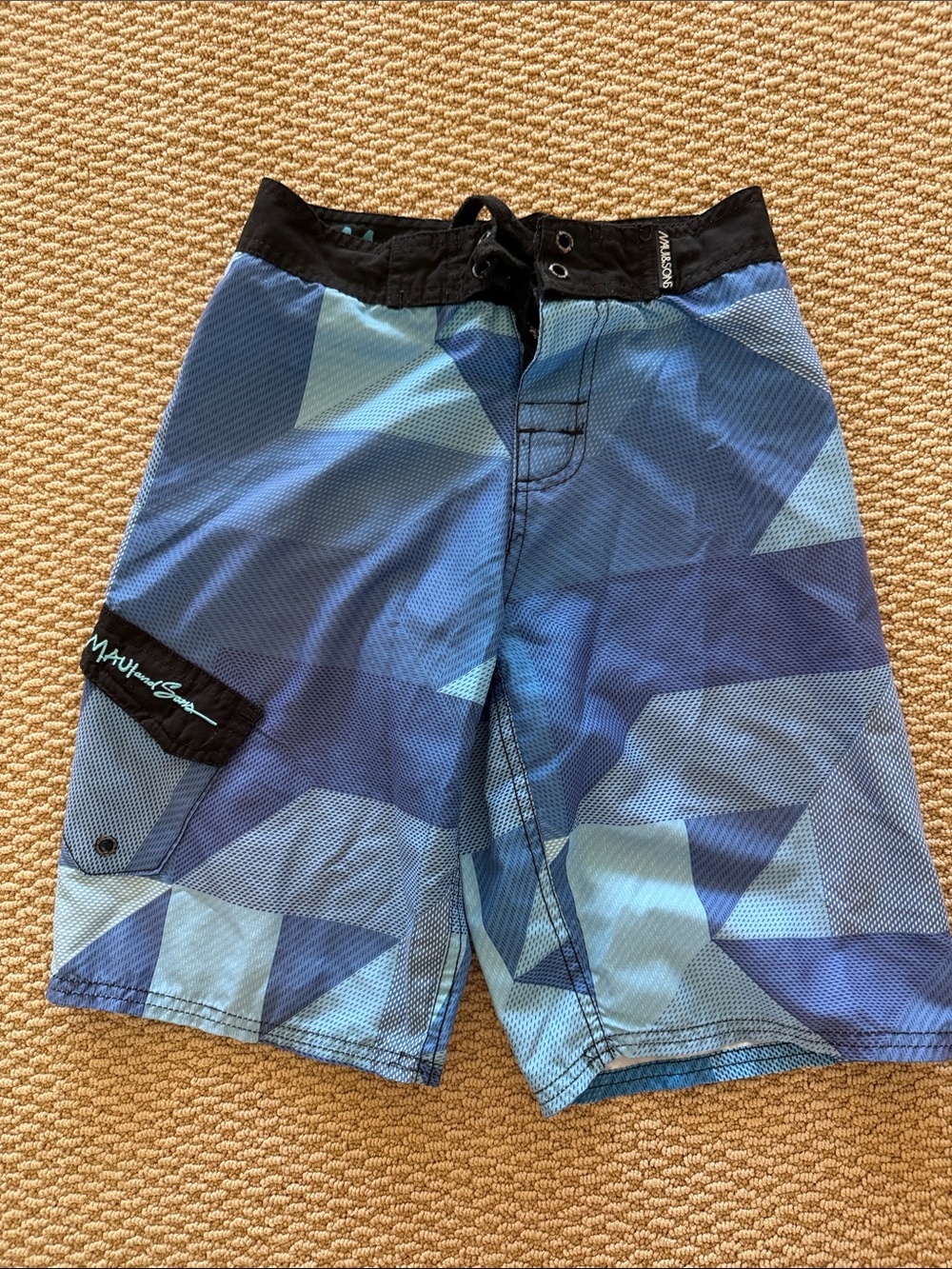 Maui and Sons Black Waistband Swim Shorts with Teal Script